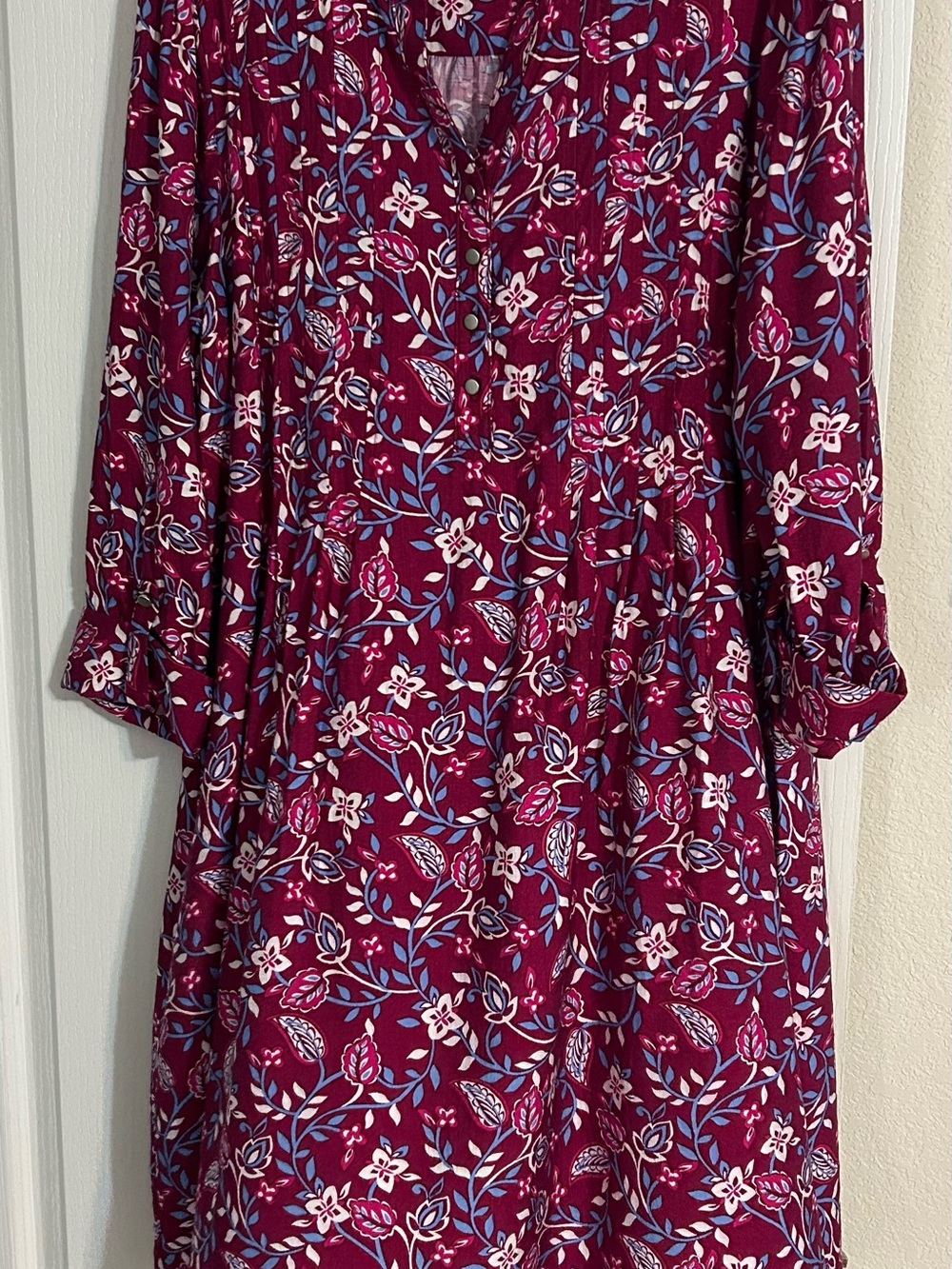 Women’s Floral Button-Front Top - Burgundy below knee dress with pleated front